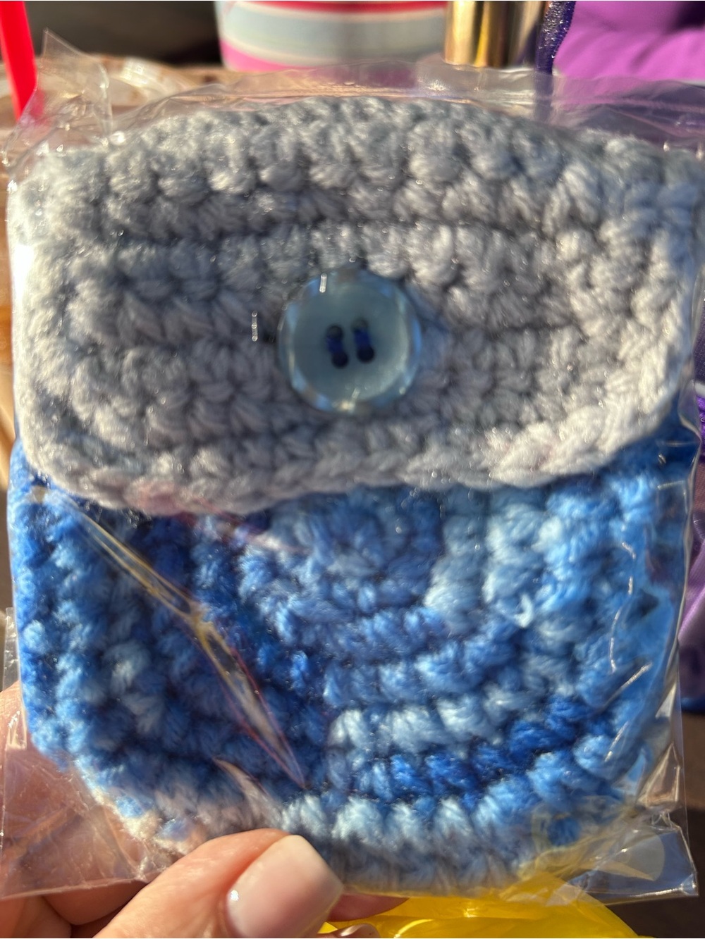 Handmade Blue Crochet Pouch with Button Closure